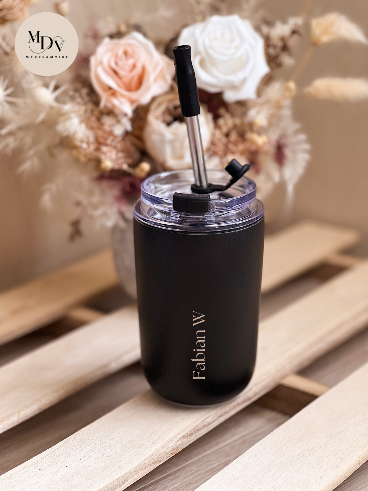280ml Double Wall Stainless Steel Coffee Cup with Straw - BLACK