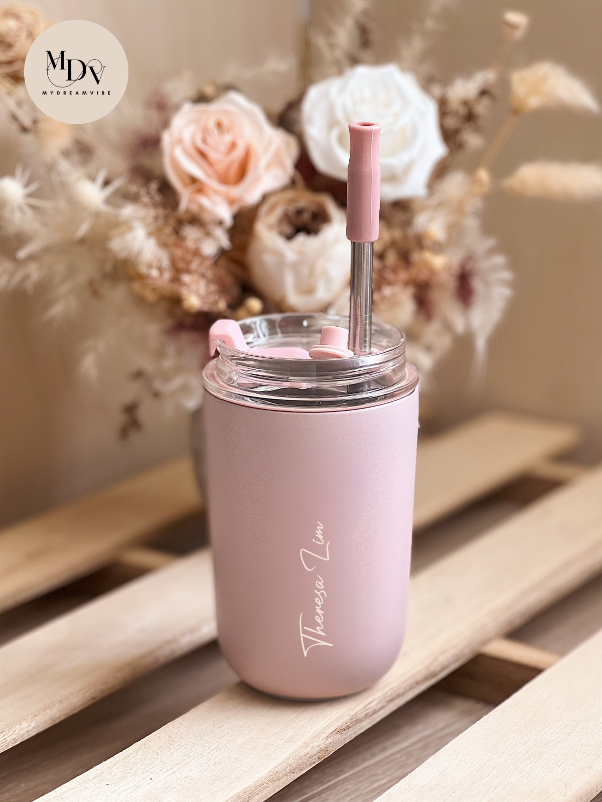 280ml Double Wall Stainless Steel Coffee Cup with Straw - LIGHT PINK