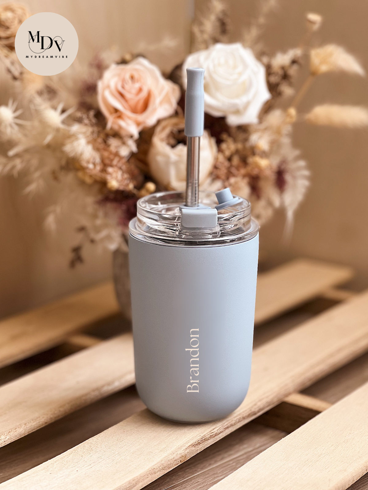 280ml Double Wall Stainless Steel Engraved Coffee Cup with Straw - LIGHT BLUE