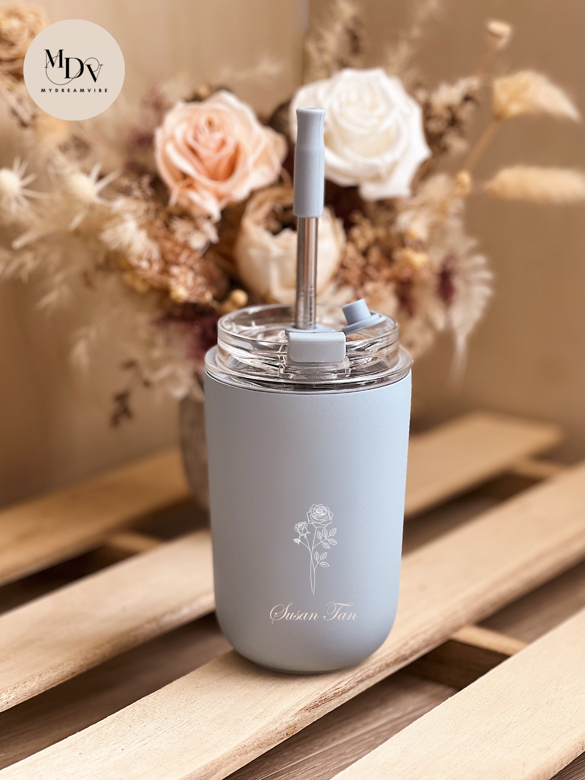 280ml Double Wall Stainless Steel Engraved Coffee Cup with Straw - LIGHT BLUE