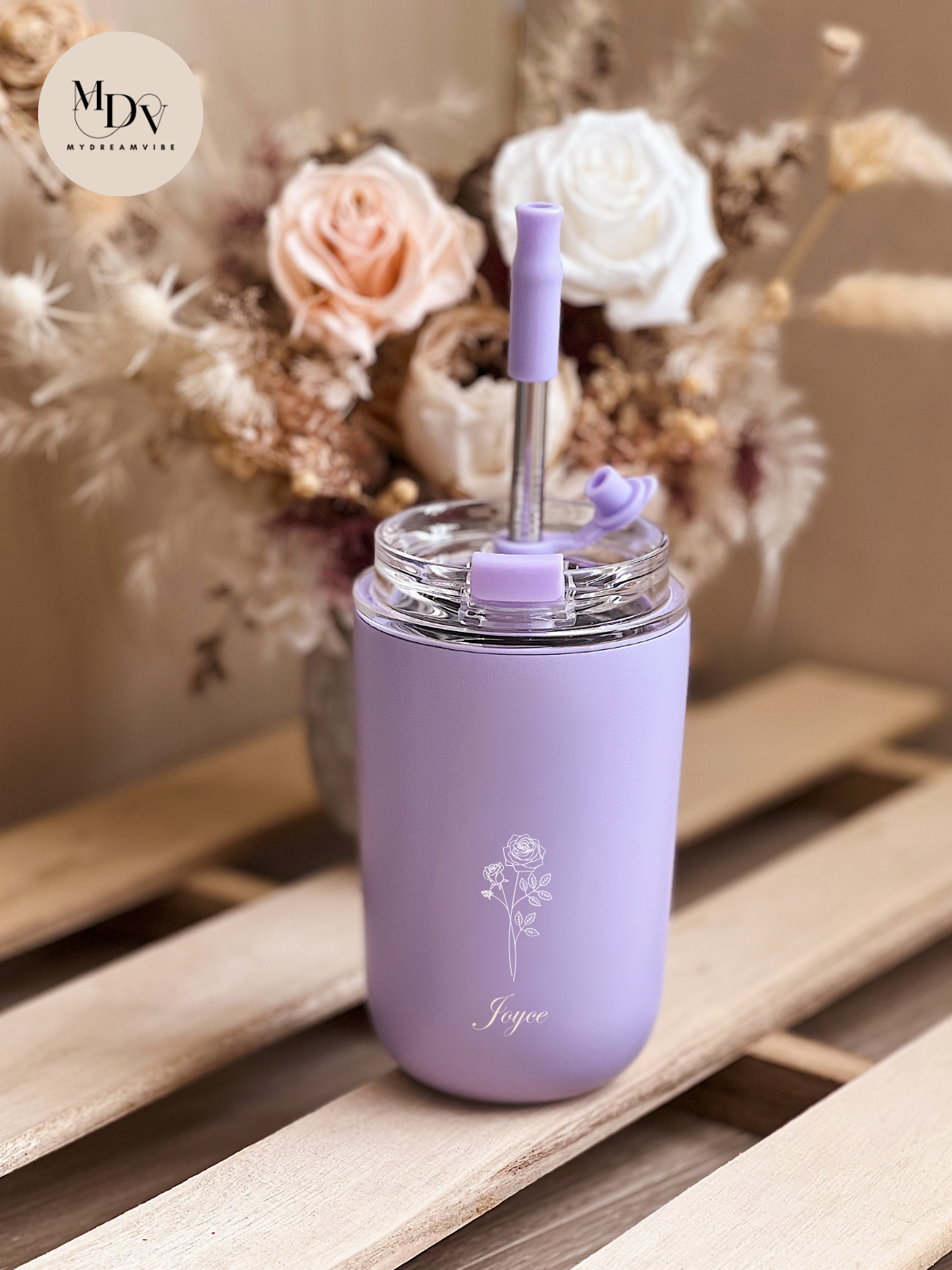 280ml Double Wall Stainless Steel Engraved Coffee Cup with Straw - PURPLE