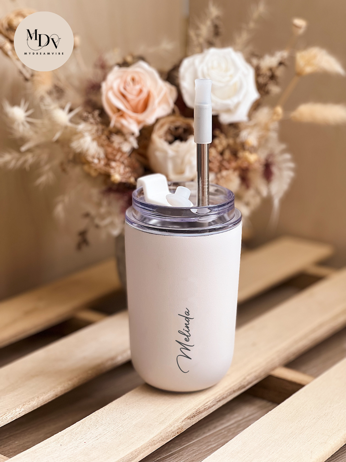 280ml Double Wall Stainless Steel Engraved Coffee Cup with Straw - WHITE