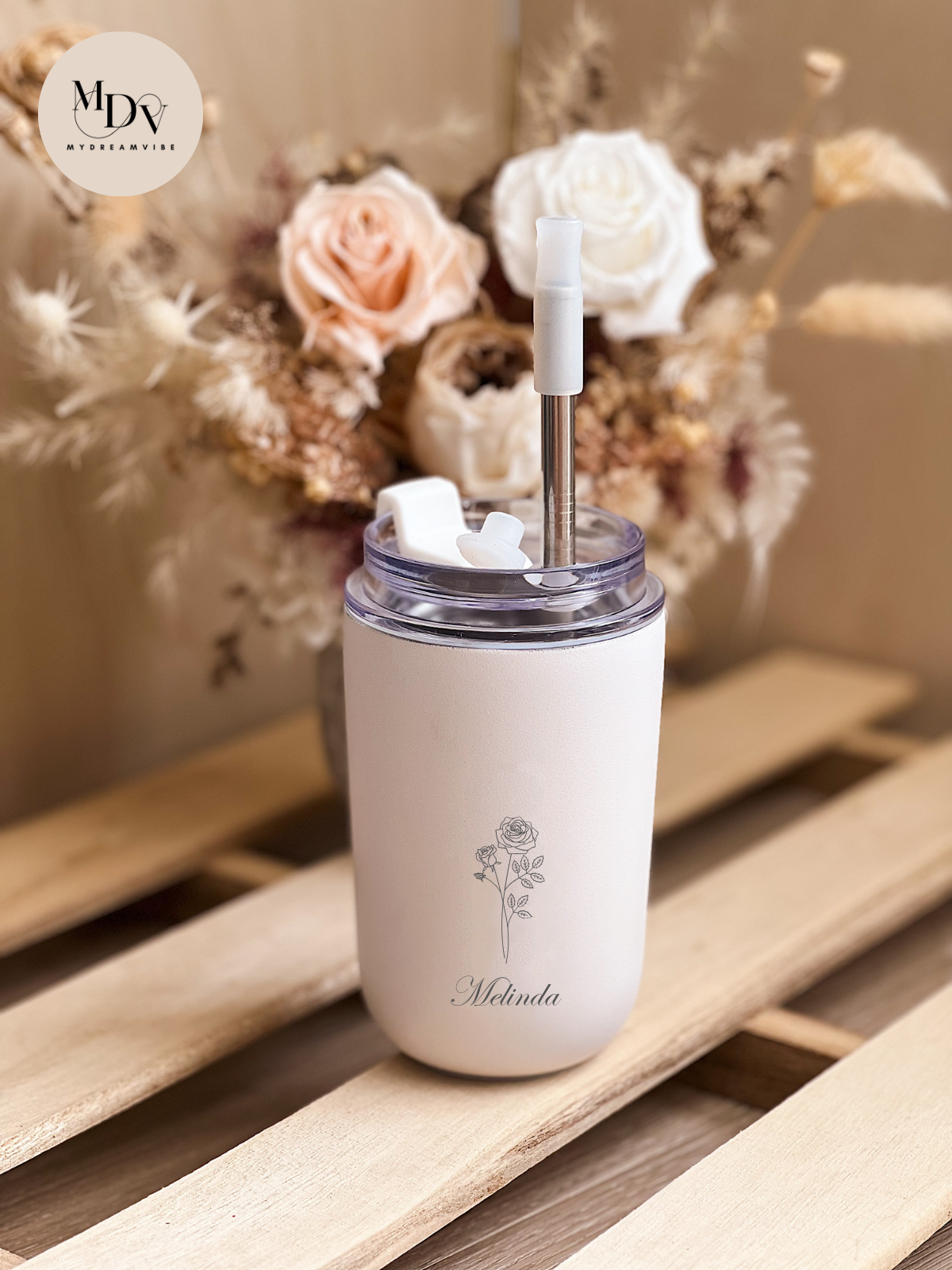 280ml Double Wall Stainless Steel Engraved Coffee Cup with Straw - WHITE