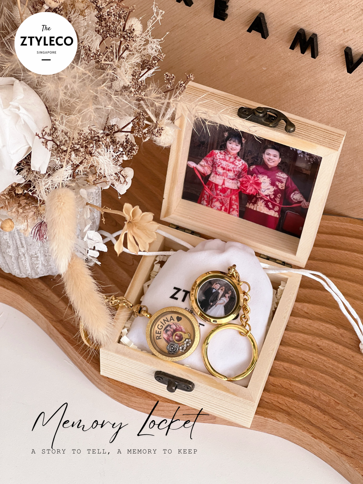 30mm Couple Photo Memory Locket Keychain / Necklace Set in Engraved Wooden Box
