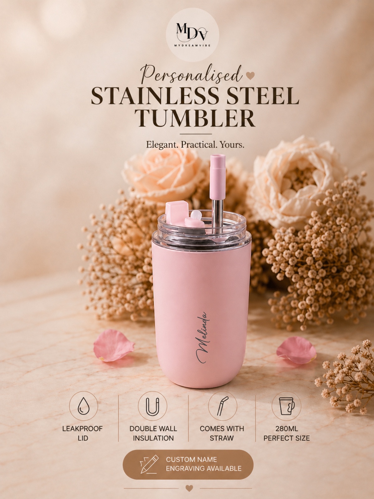 280ml Double Wall Stainless Steel Engraved Coffee Cup with Straw - LIGHT PINK