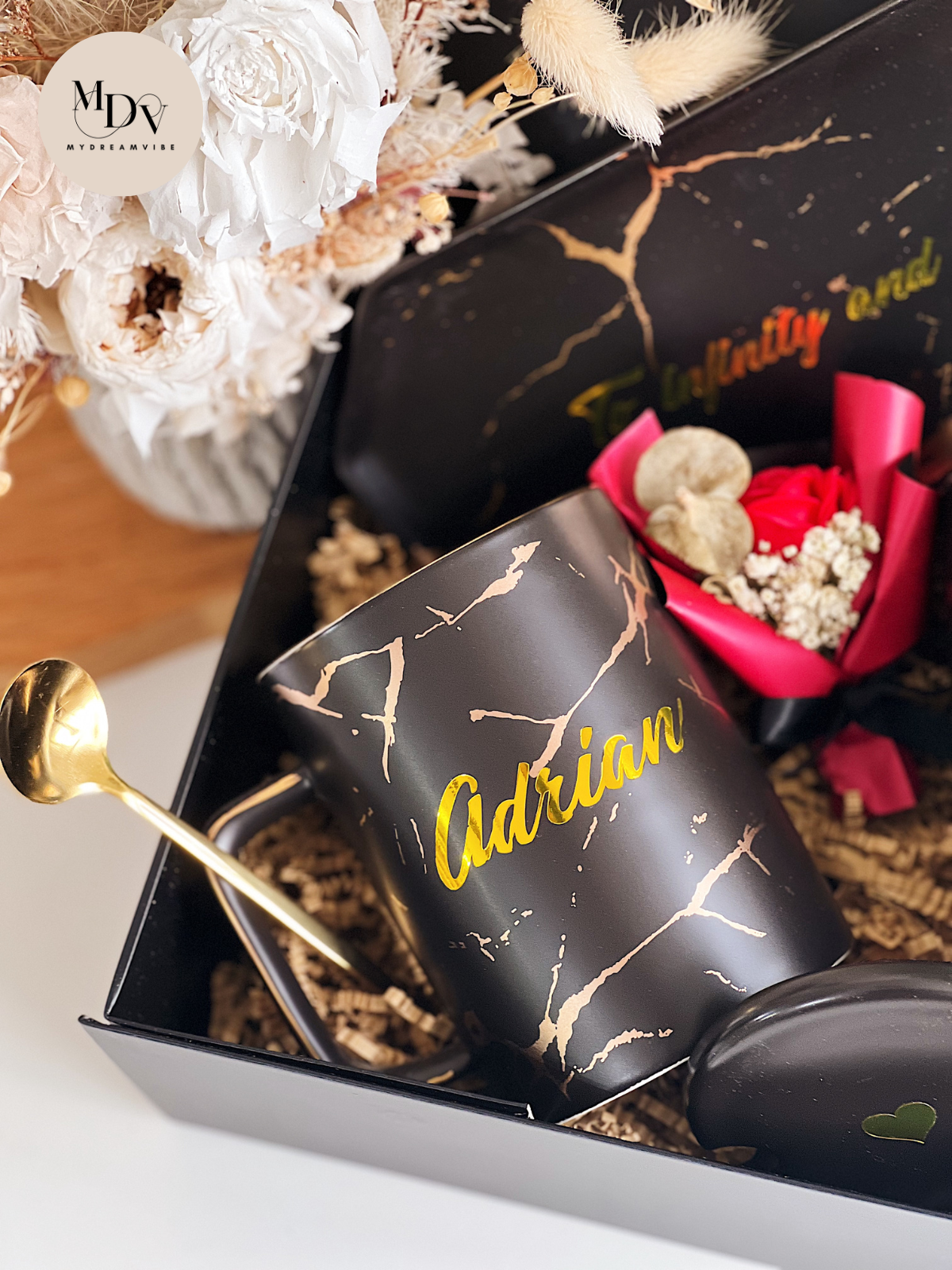 450ml Couple Nordic Marble Mug With Lid And Gold Spoon