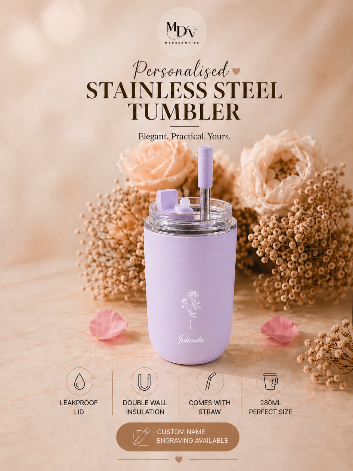 280ml Double Wall Stainless Steel Engraved Coffee Cup with Straw - PURPLE