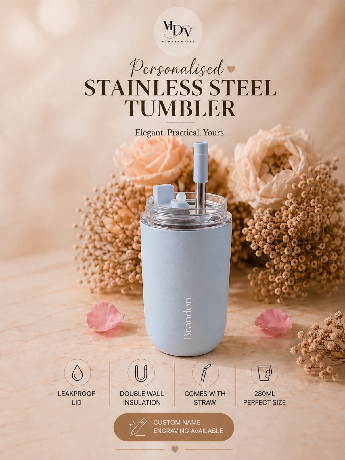 280ml Double Wall Stainless Steel Engraved Coffee Cup with Straw - LIGHT BLUE