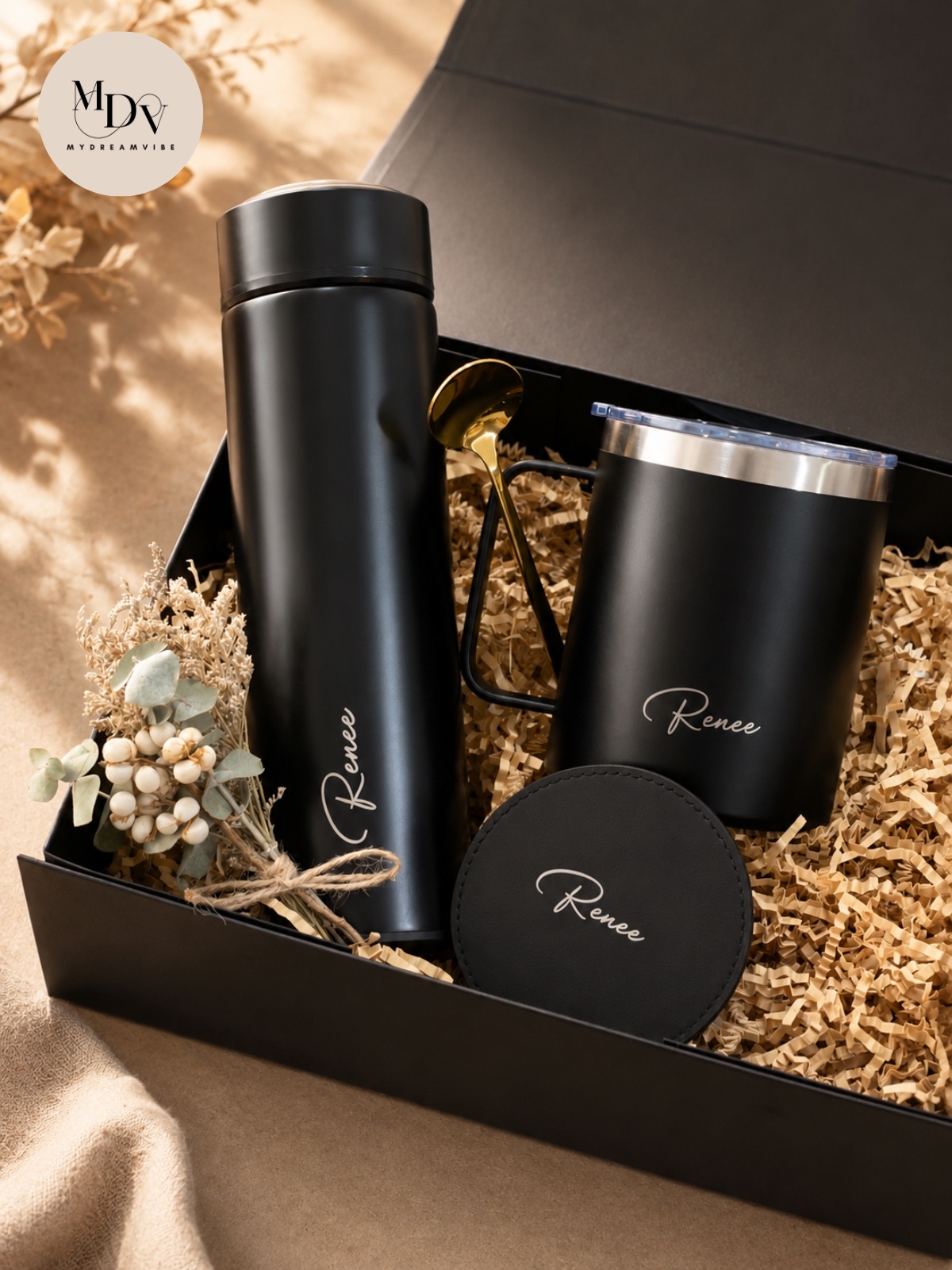Workplace Welcome Gift - Engraved Flask and Mug with Coaster