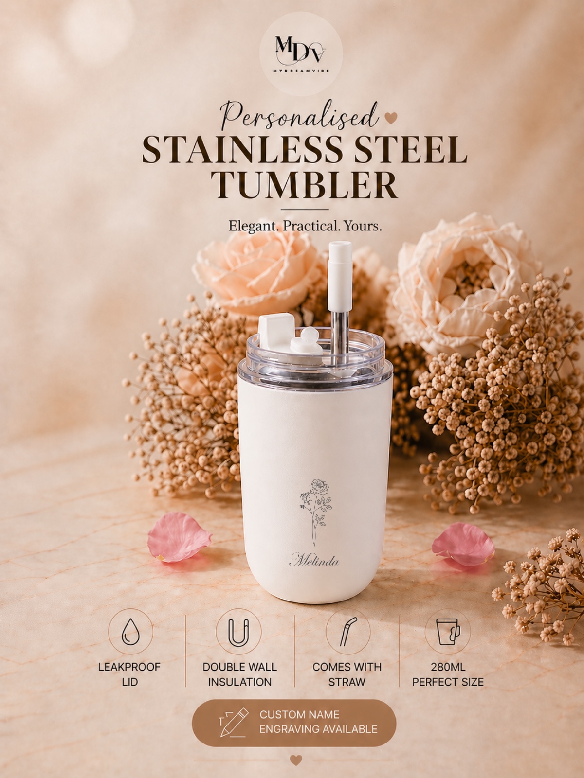 280ml Double Wall Stainless Steel Engraved Coffee Cup with Straw - WHITE