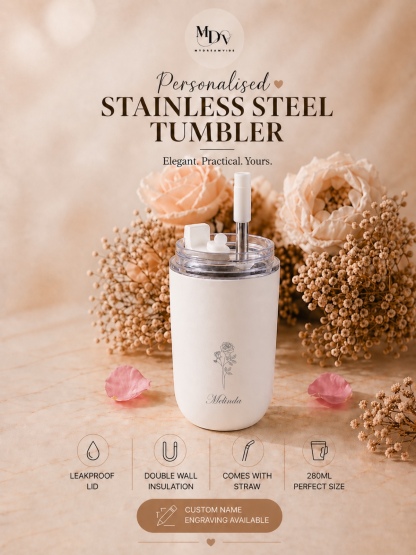 280ml Double Wall Stainless Steel Engraved Coffee Cup with Straw - WHITE