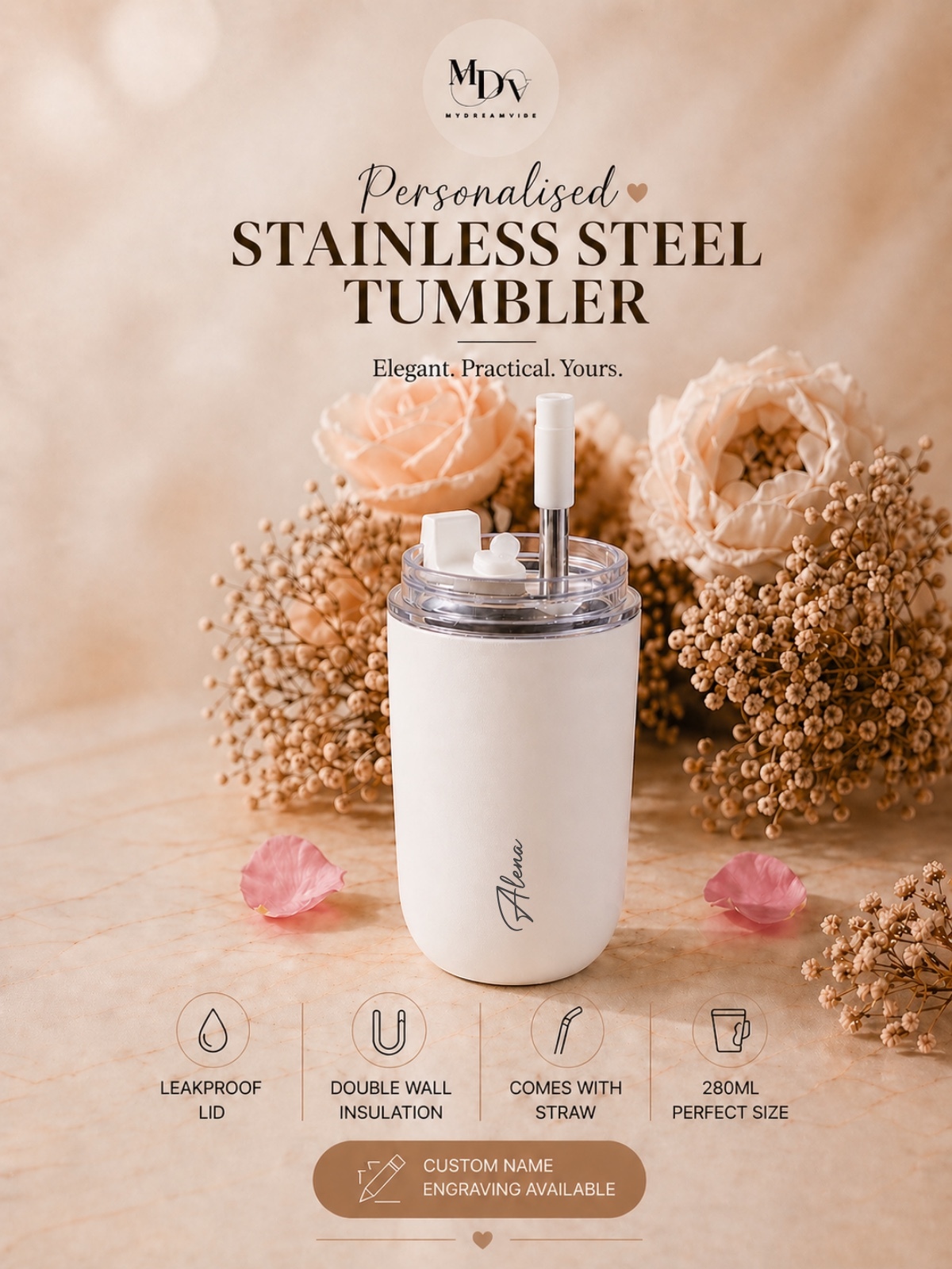 280ml Double Wall Stainless Steel Engraved Coffee Cup with Straw - WHITE