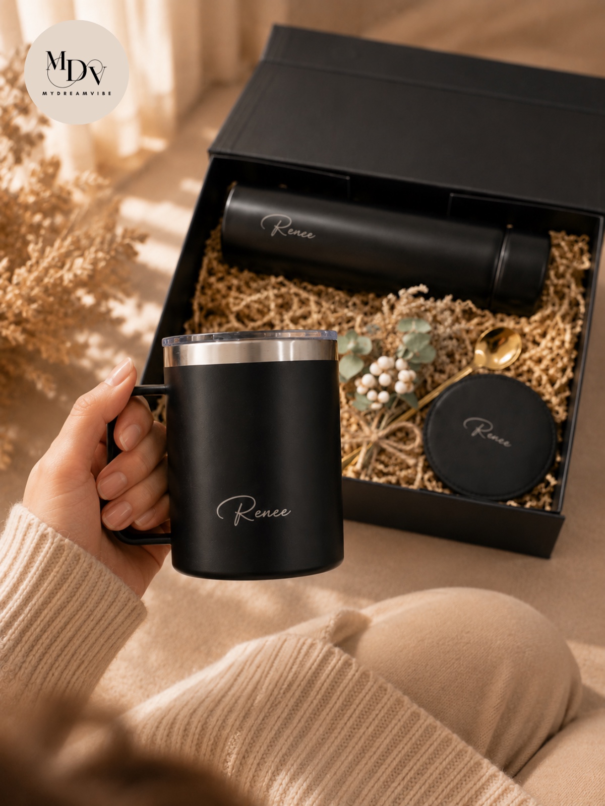 Workplace Welcome Gift - Engraved Flask and Mug with Coaster