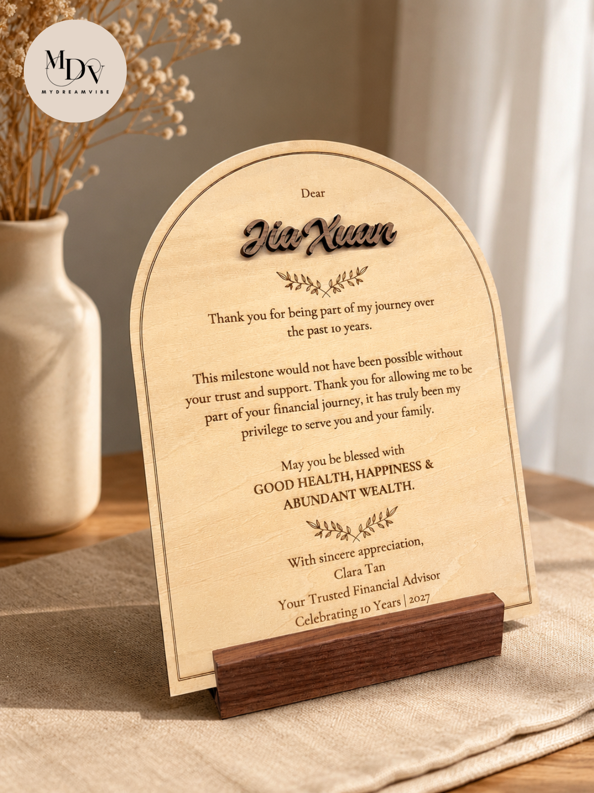 Arch Appreciation Plaque — Engraved Basswood with 3D Walnut Name