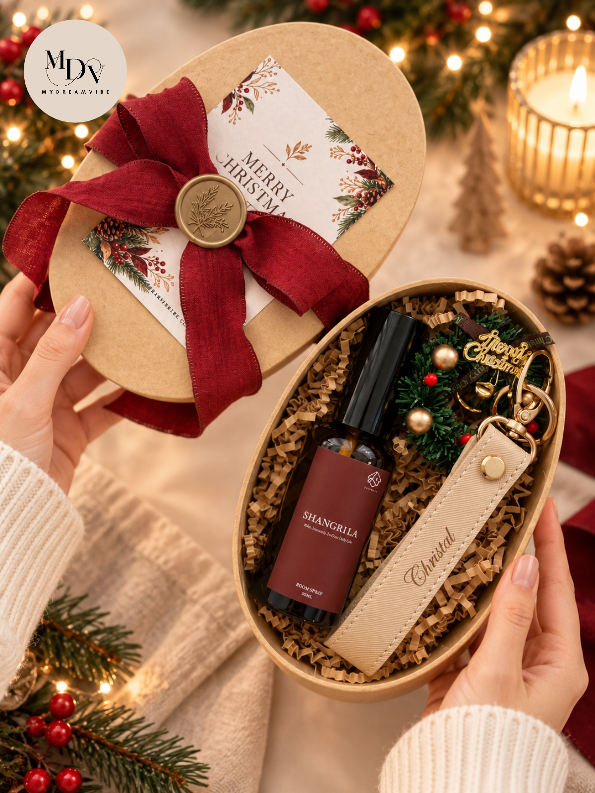 Christmas Holiday Hideaway — Engraved Keychain & Room Spray Gift Set