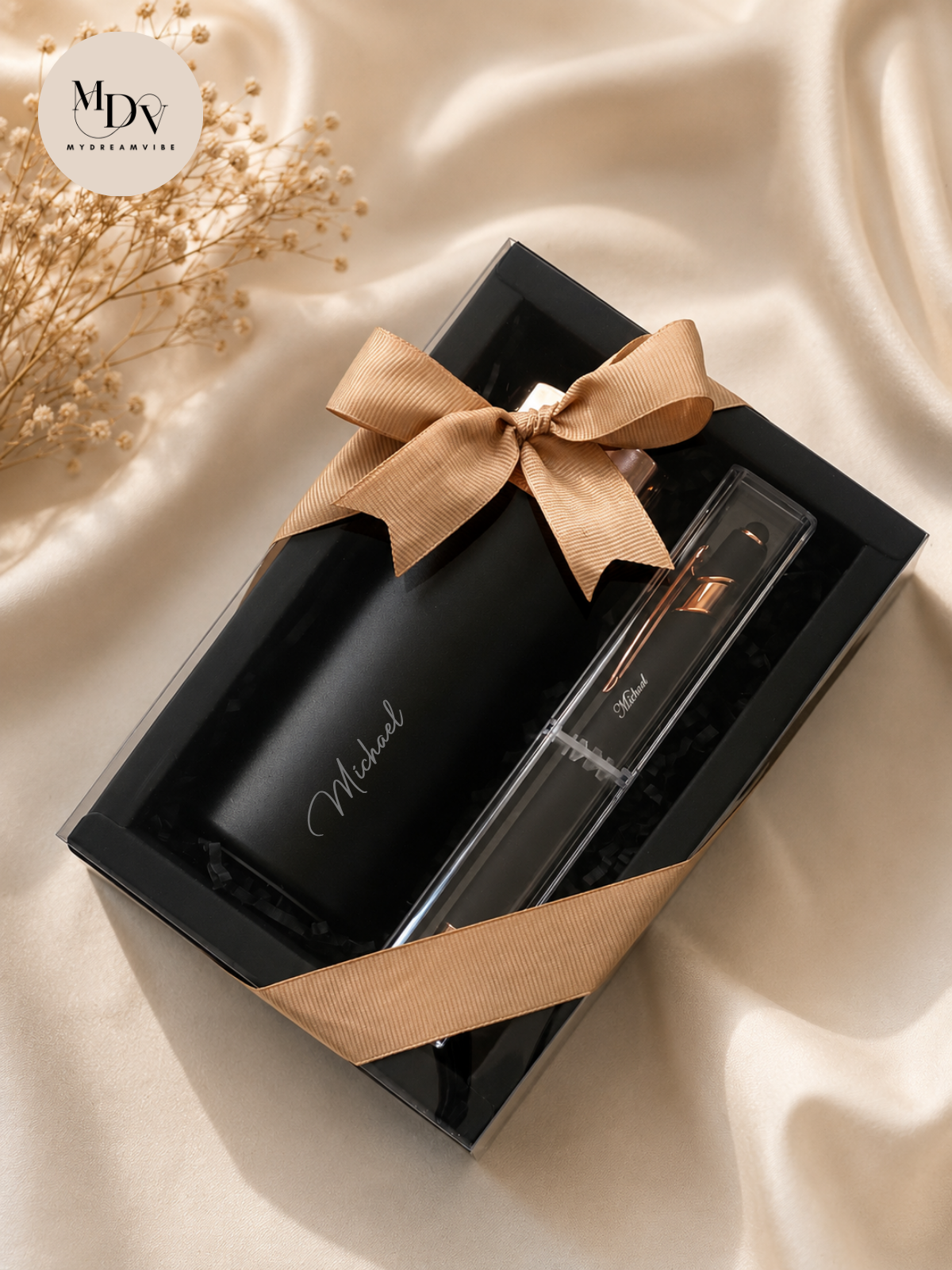 Classic Black — Engraved Flask & Pen Gift Set