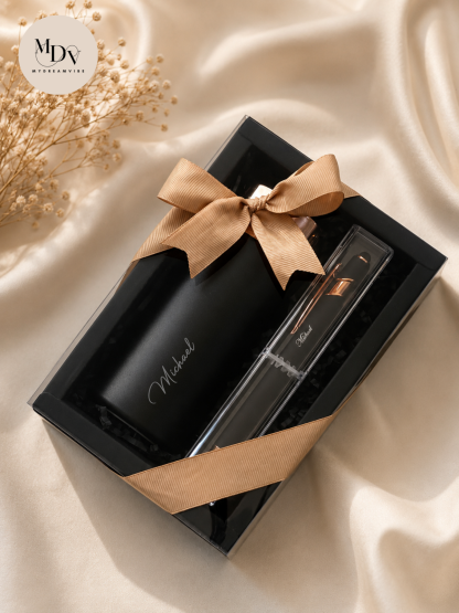 Classic Black — Engraved Flask & Pen Gift Set
