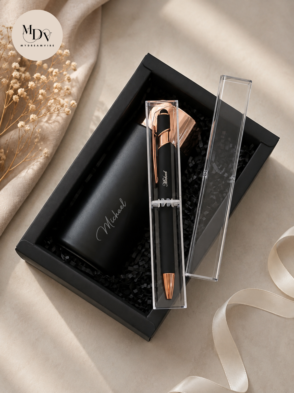 Classic Black — Engraved Flask & Pen Gift Set