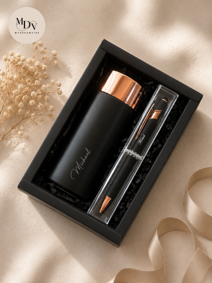 Classic Black — Engraved Flask & Pen Gift Set
