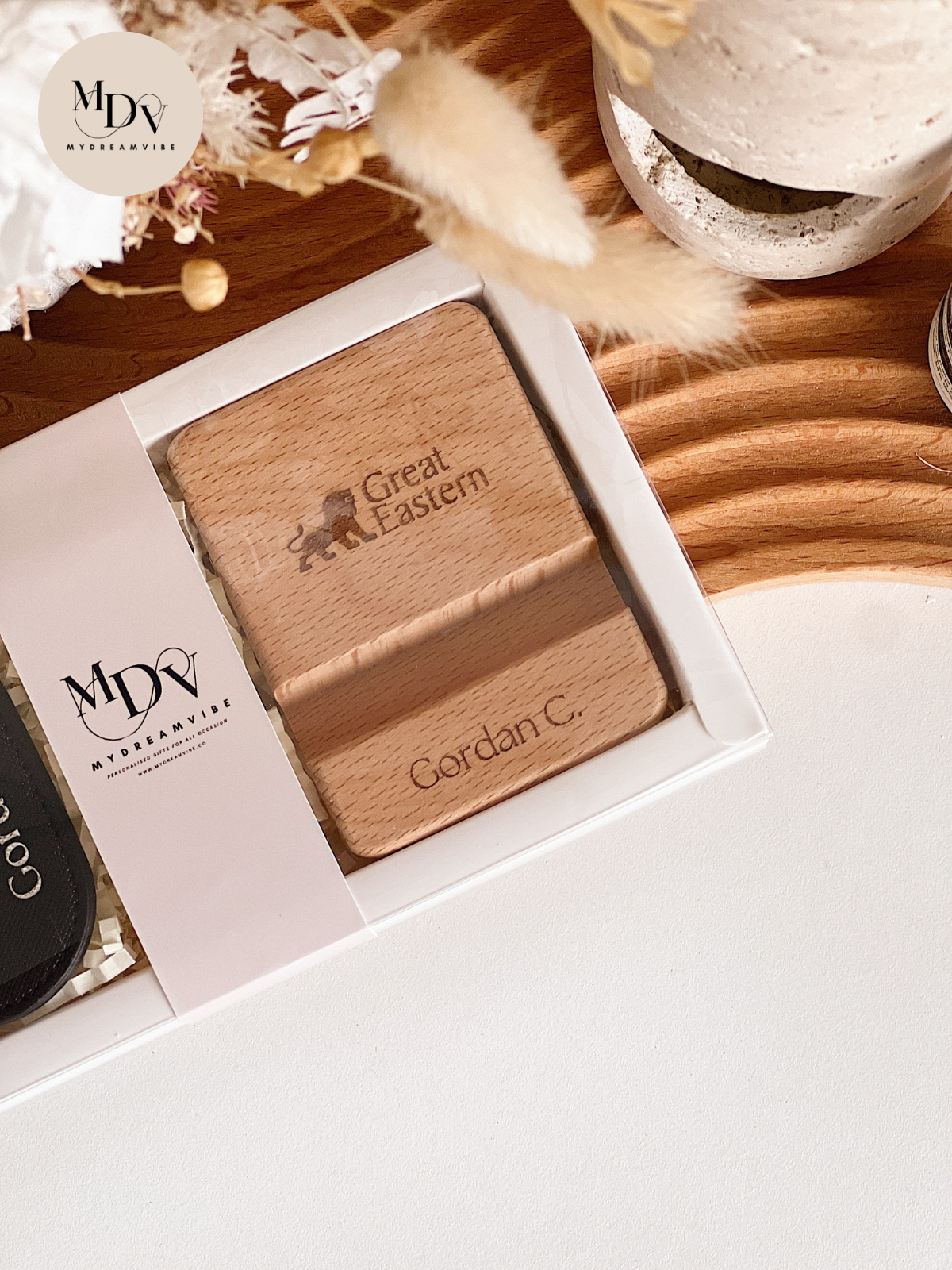 Client Appreciation Gift - Keychain with Wooden Phone Stand