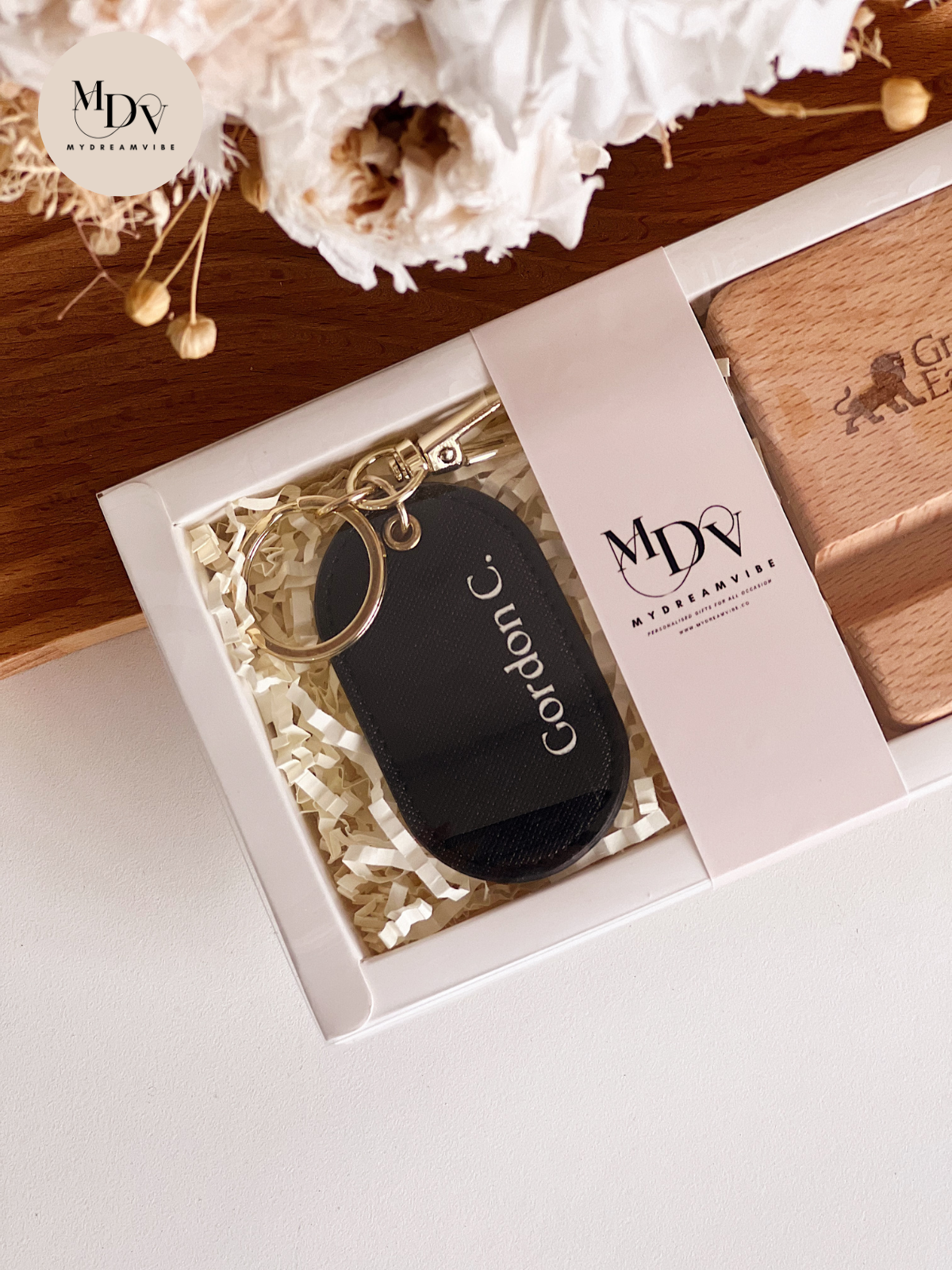 Client Appreciation Gift - Keychain with Wooden Phone Stand