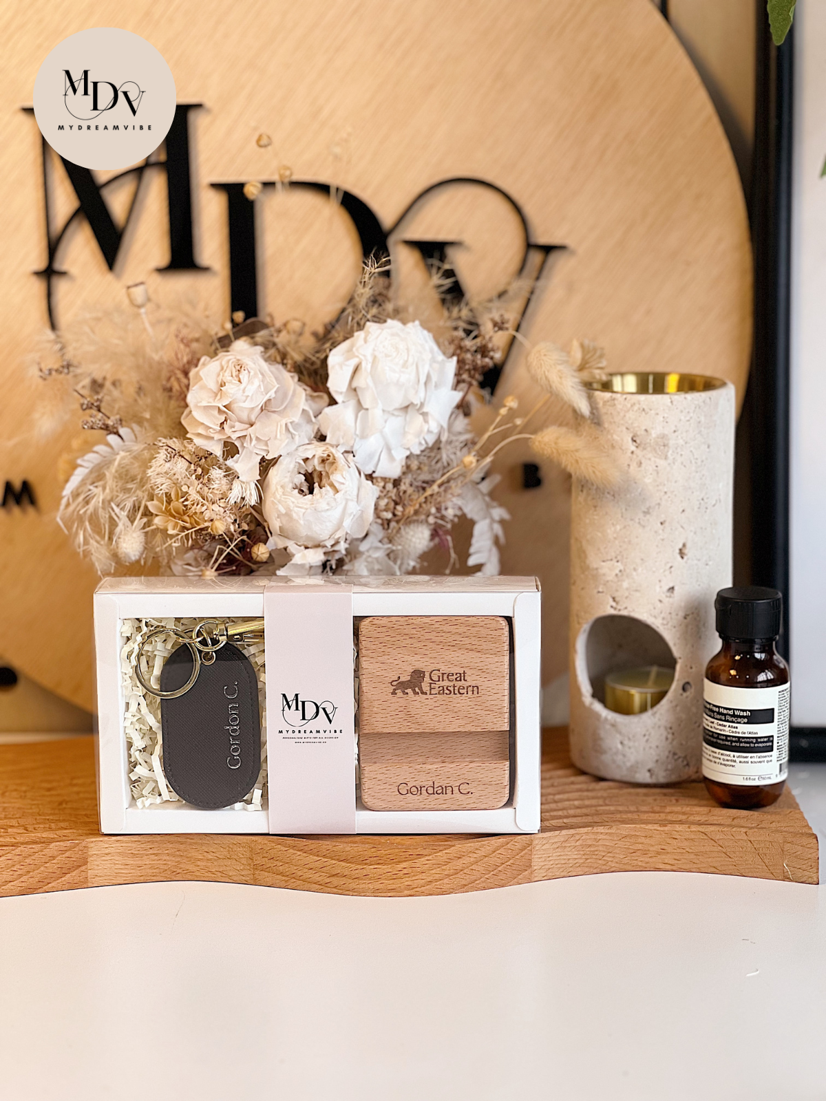 Client Appreciation Gift - Keychain with Wooden Phone Stand