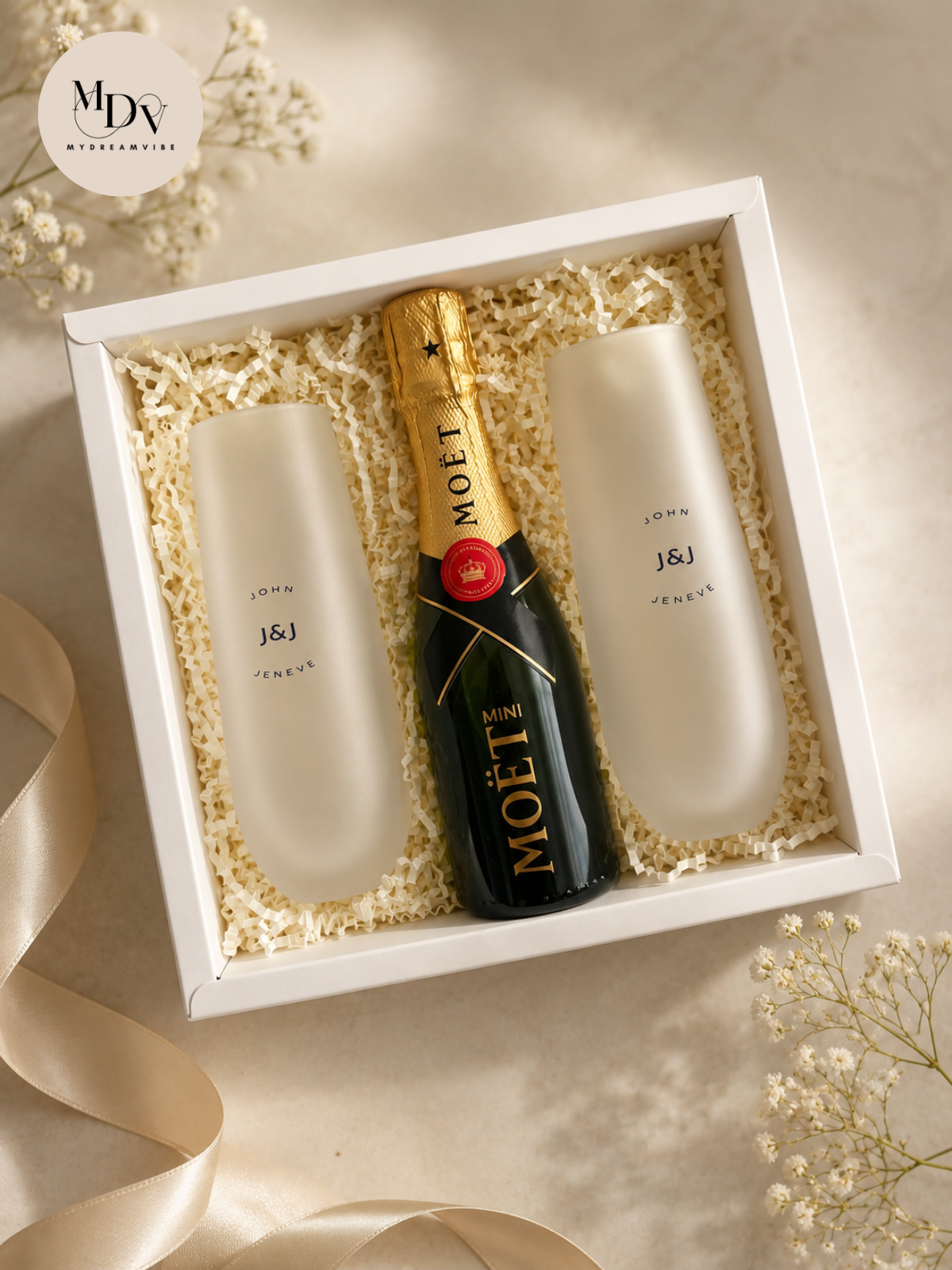 Couple Champagne Celebration Set — Printed Stemless Flutes