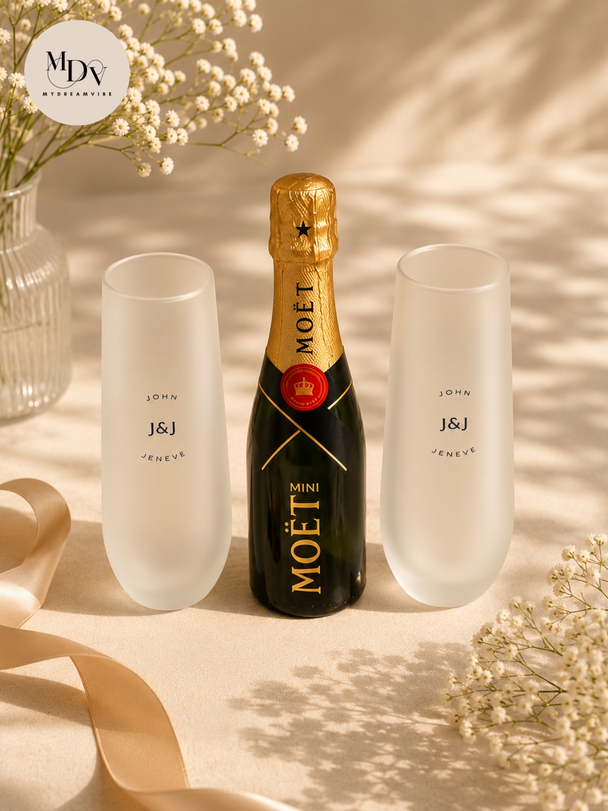 Couple Champagne Celebration Set — Printed Stemless Flutes