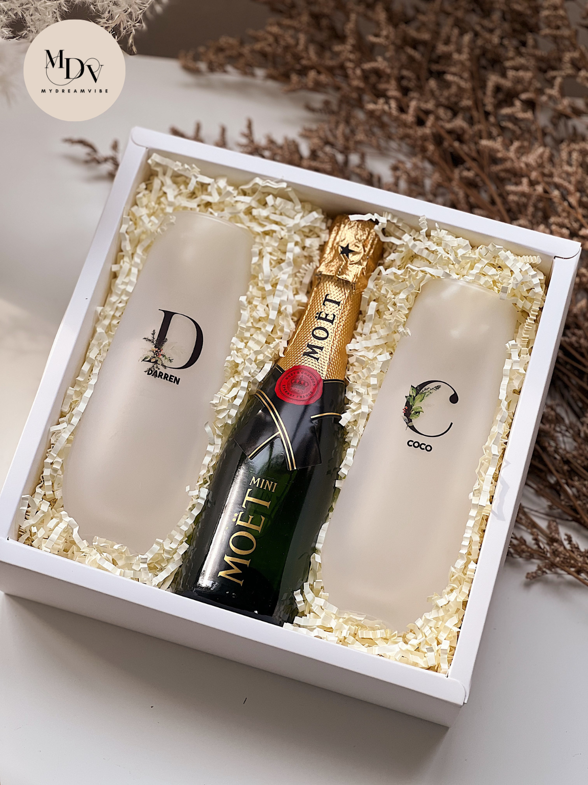 Couple Champagne Celebration Set - Printed Stemless Flutes