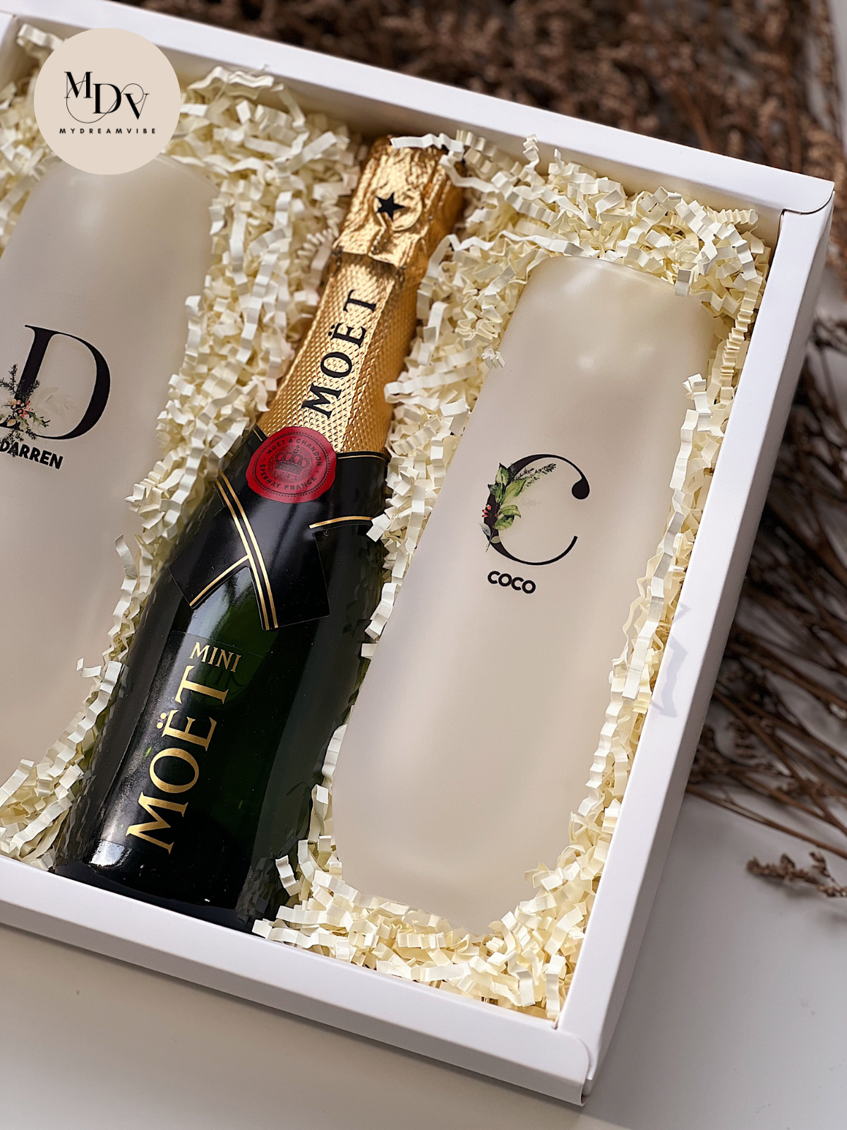 Couple Champagne Celebration Set - Printed Stemless Flutes