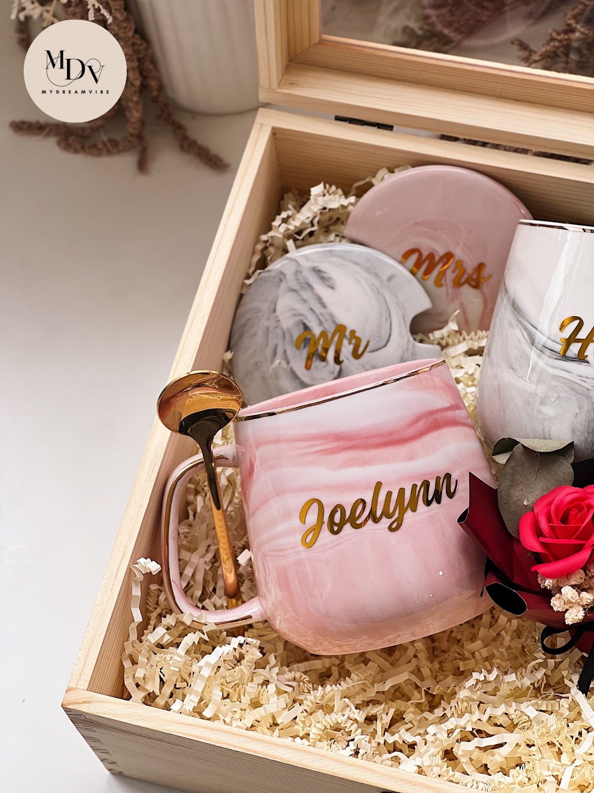 Wedding Gift - Couple Short Marble Mugs in Wooden Box (Option to Add Tray)
