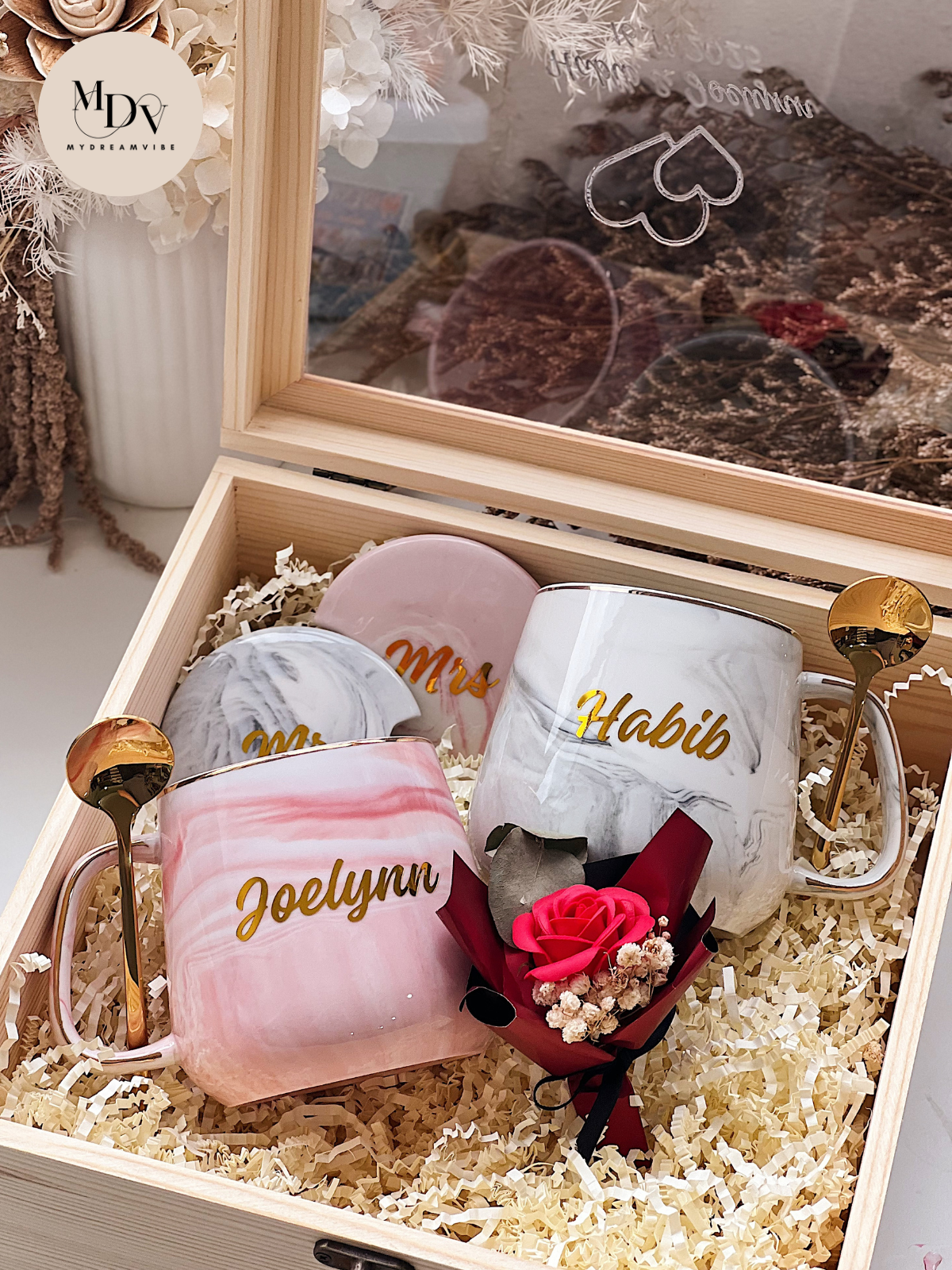 Wedding Gift - Couple Short Marble Mugs in Wooden Box (Option to Add Tray)