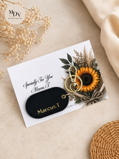 PU Saffiano Leather Oval Keychain - BLACK