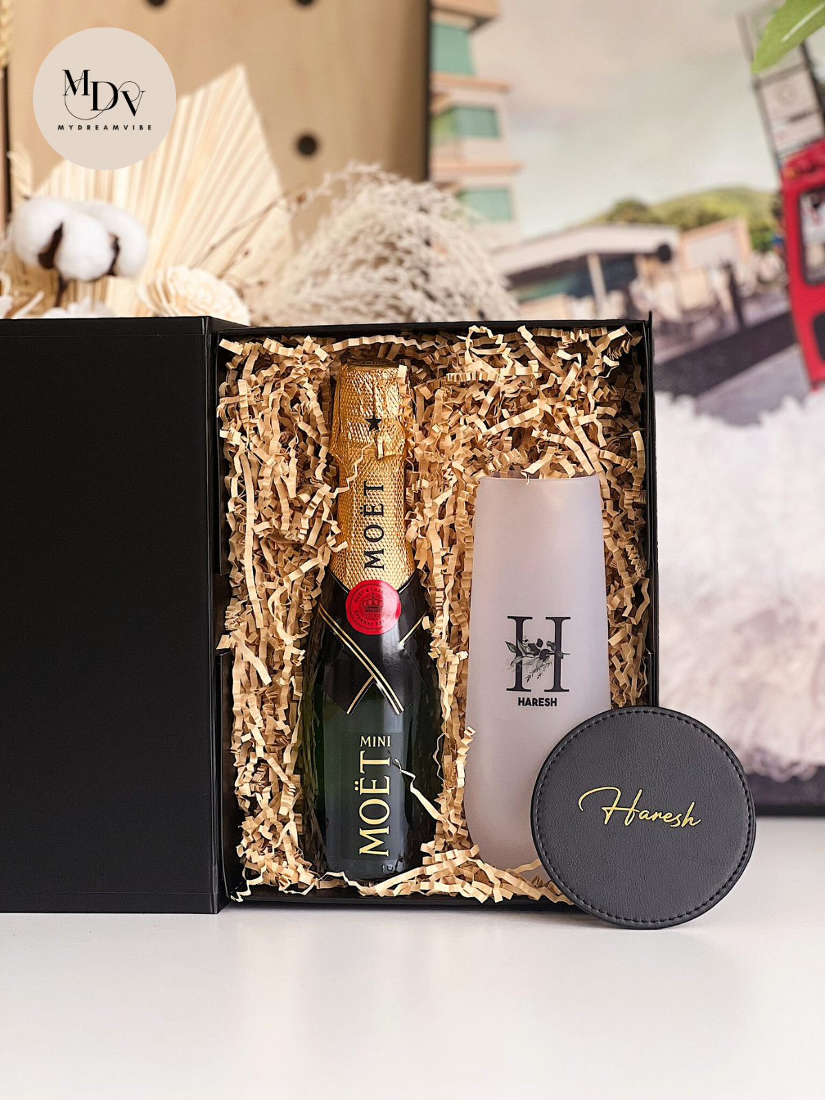 Perfect Champagne Gift - Moet with Botanical Frosted Flute and Coaster