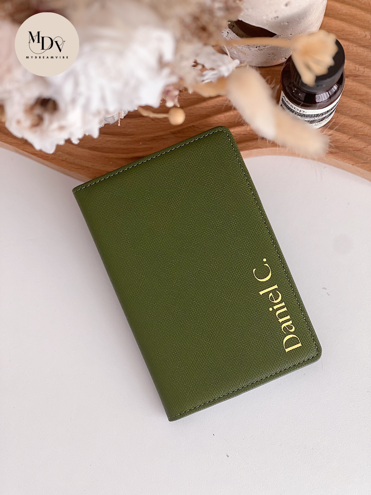 Saffiano Leather Passport Holder - OLIVE GREEN