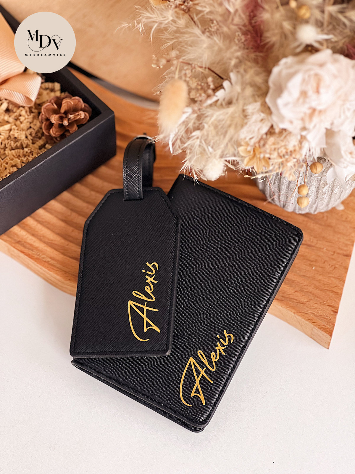 Saffiano Leather Passport Holder with Luggage Tag - BLACK