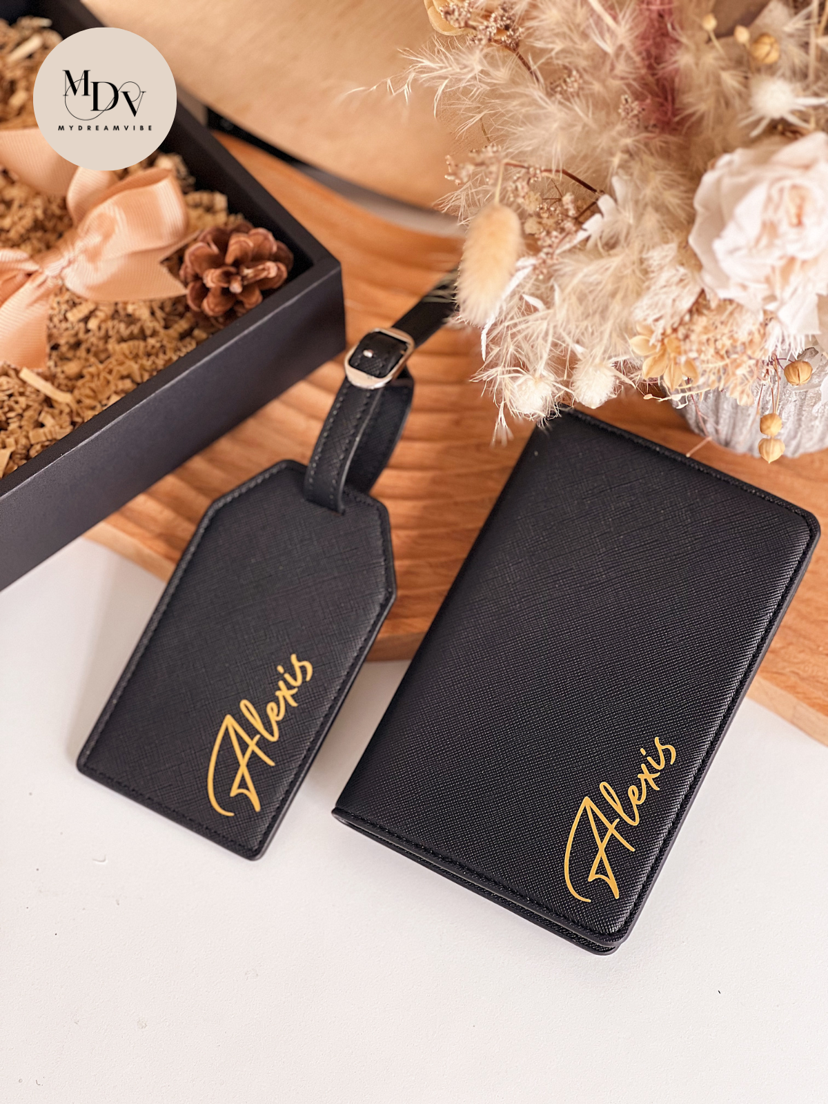 Saffiano Leather Passport Holder with Luggage Tag - BLACK