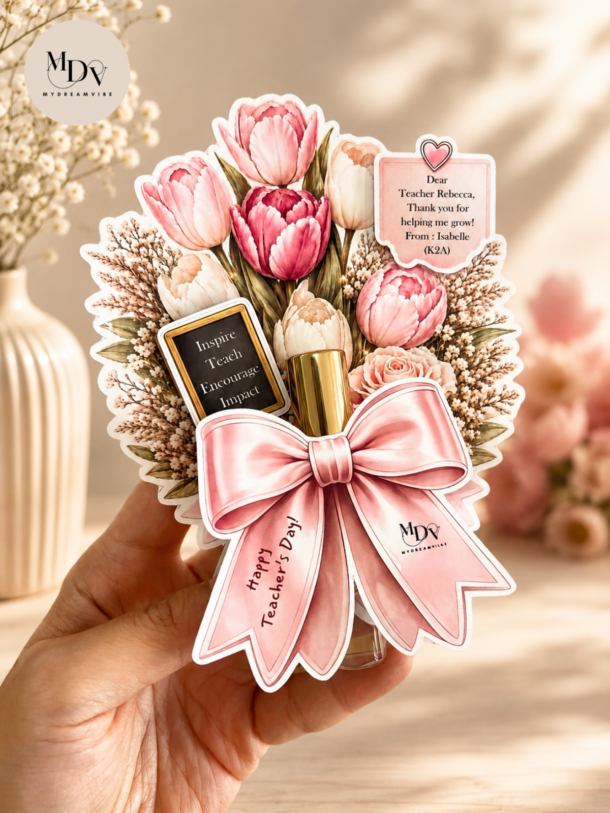 The Botanical Blossom: Personalized Teacher's Day 3D Floral Card & Luxury White Tea Room Spray