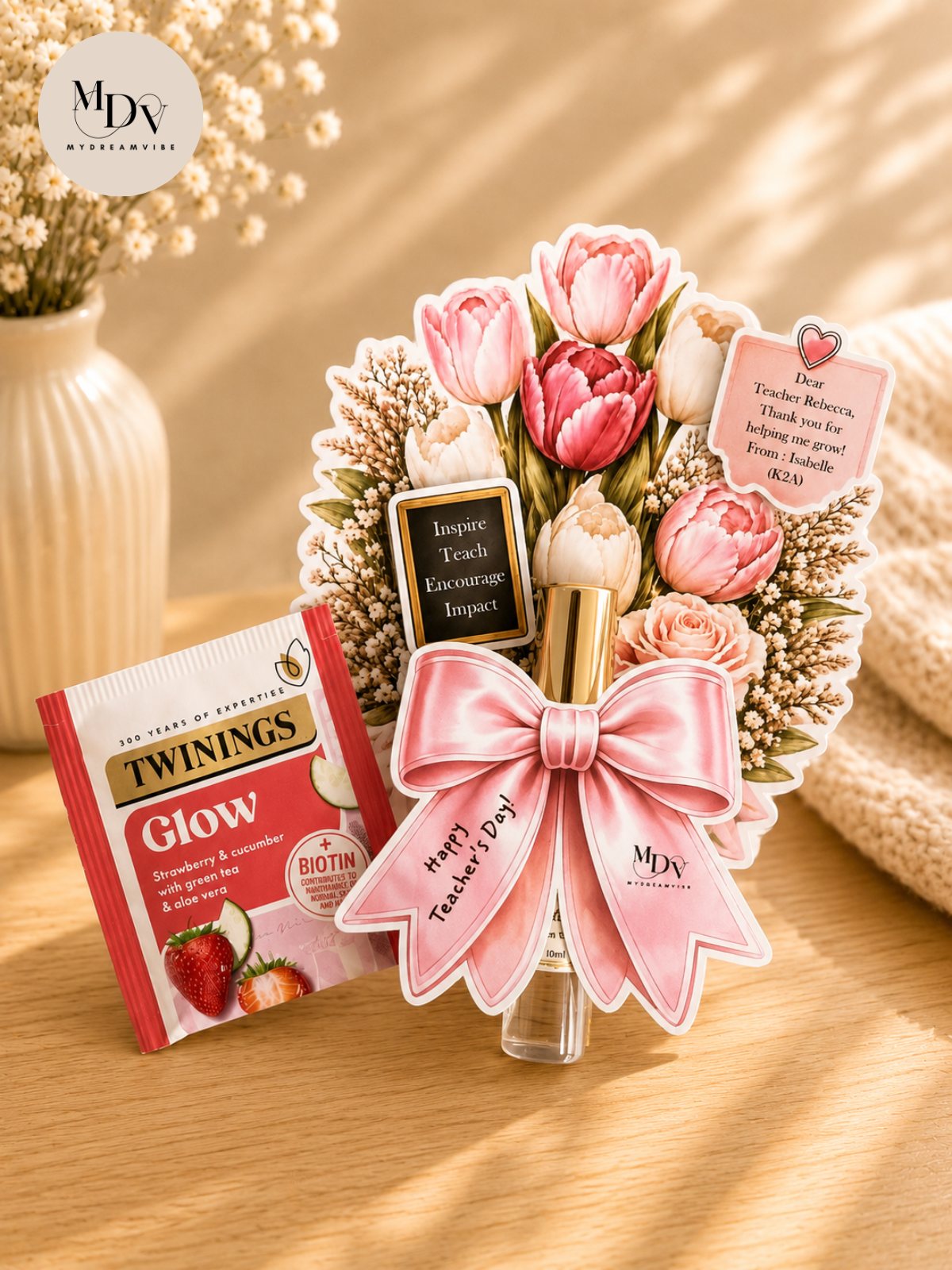 The Botanical Blossom: Personalized Teacher's Day 3D Floral Card with Luxury White Tea Room Spray and Glow Tea