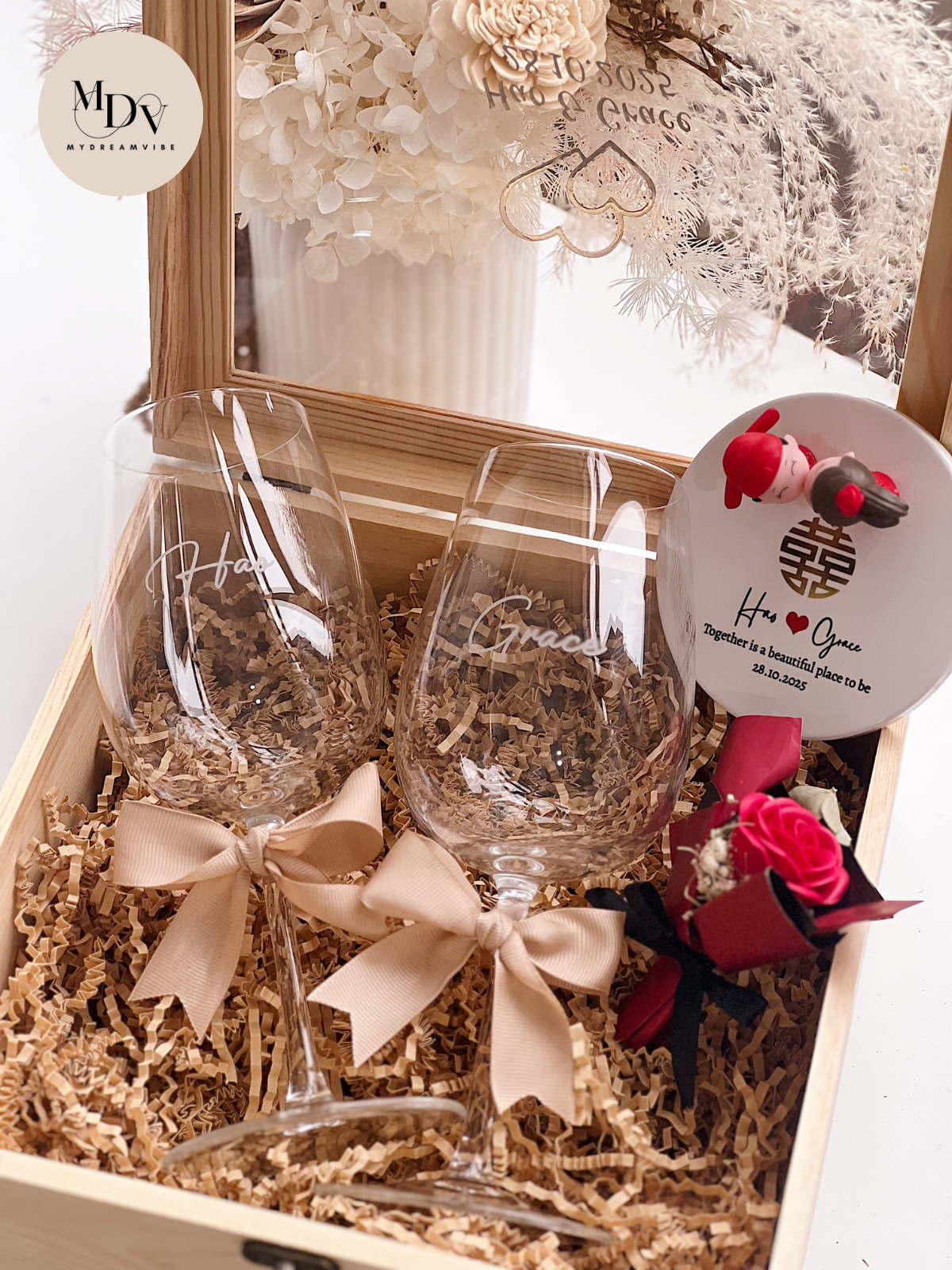 The Cherished Display -  Engraved Wine Glass with Figurine Display in Wooden Box