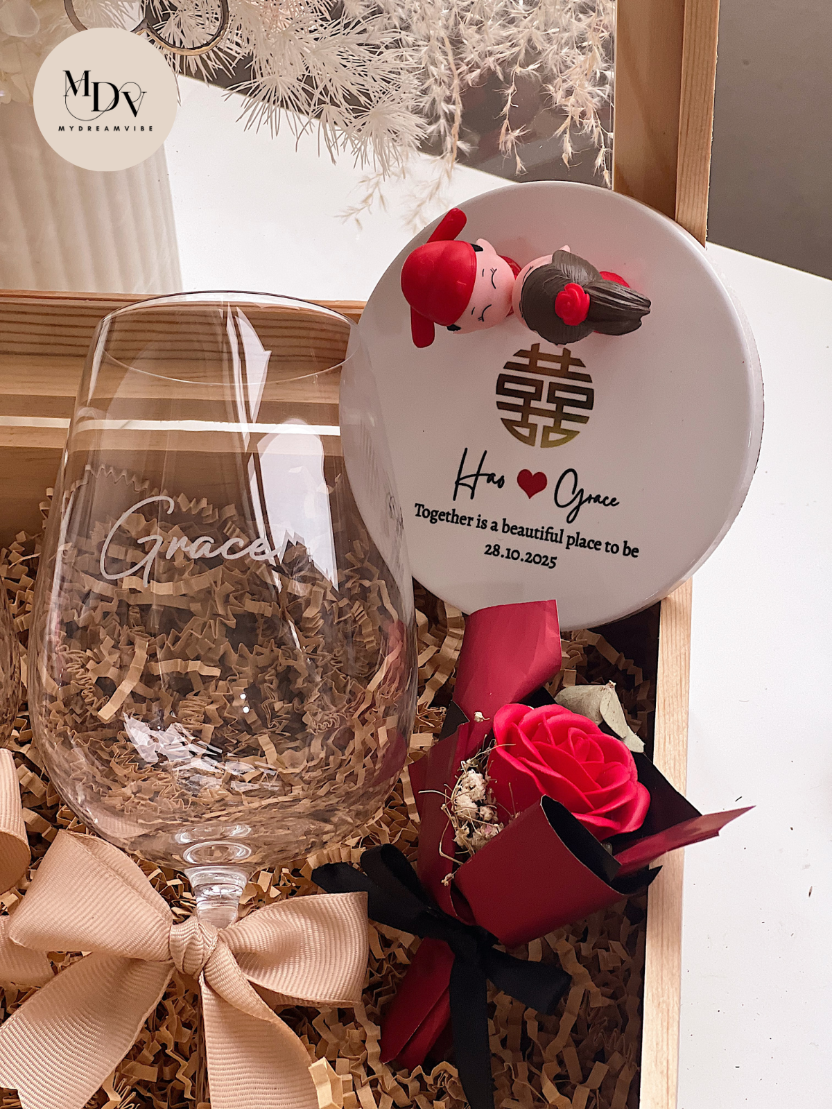 The Cherished Display -  Engraved Wine Glass with Figurine Display in Wooden Box