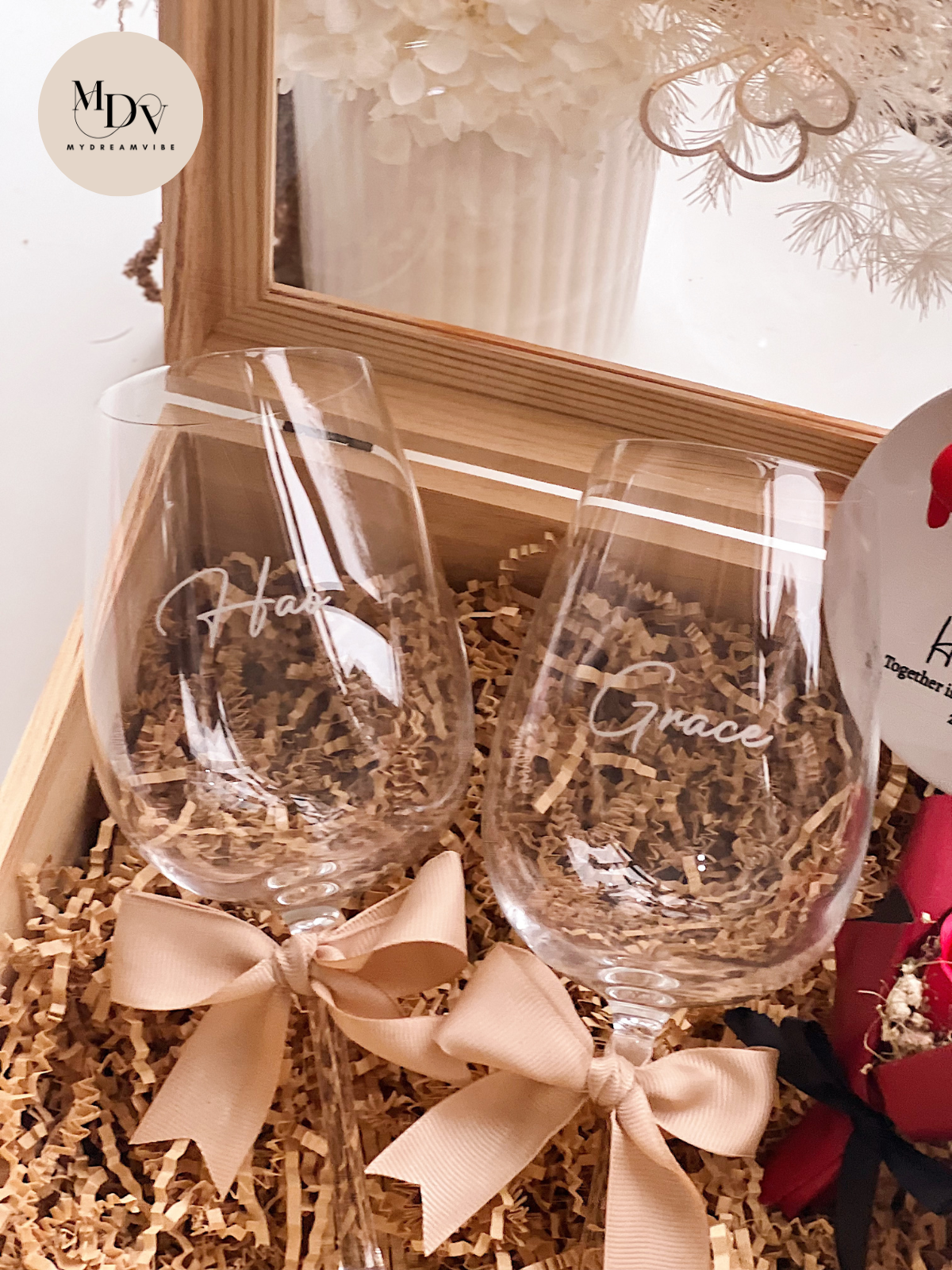 The Cherished Display -  Engraved Wine Glass with Figurine Display in Wooden Box