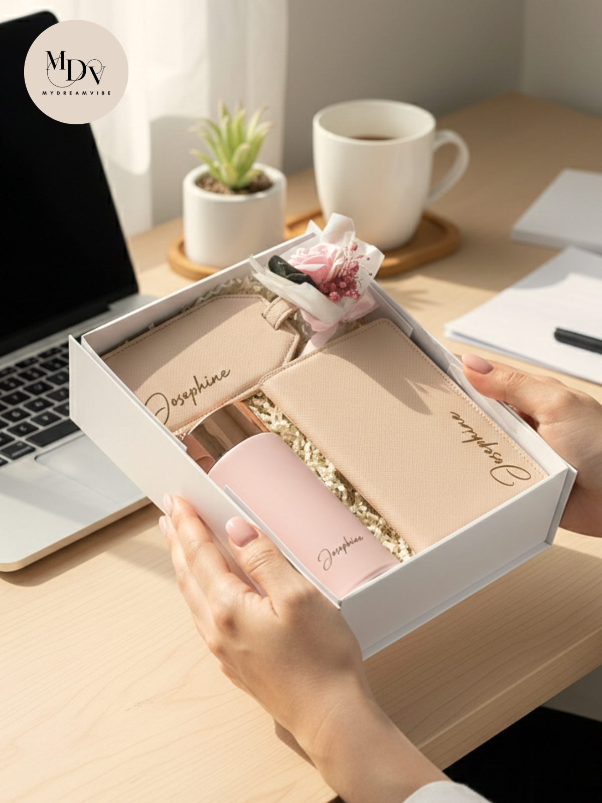 The Jetsetter 2026 Nude Pink Saffiano Leather Passport Holder and Engraved Flask Gift Set for Women