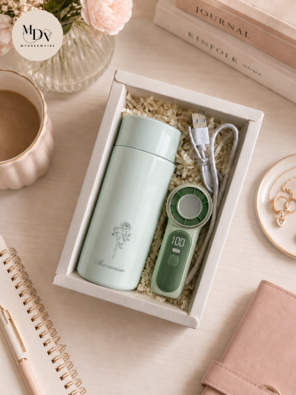 The Summer Breeze: Personalised Sparkle Flask & Mini Portable Fan Gift Set