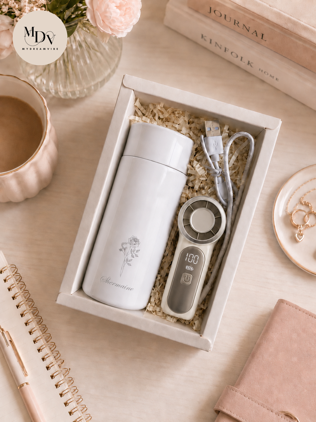The Summer Breeze: Personalised Sparkle Flask & Mini Portable Fan Gift Set