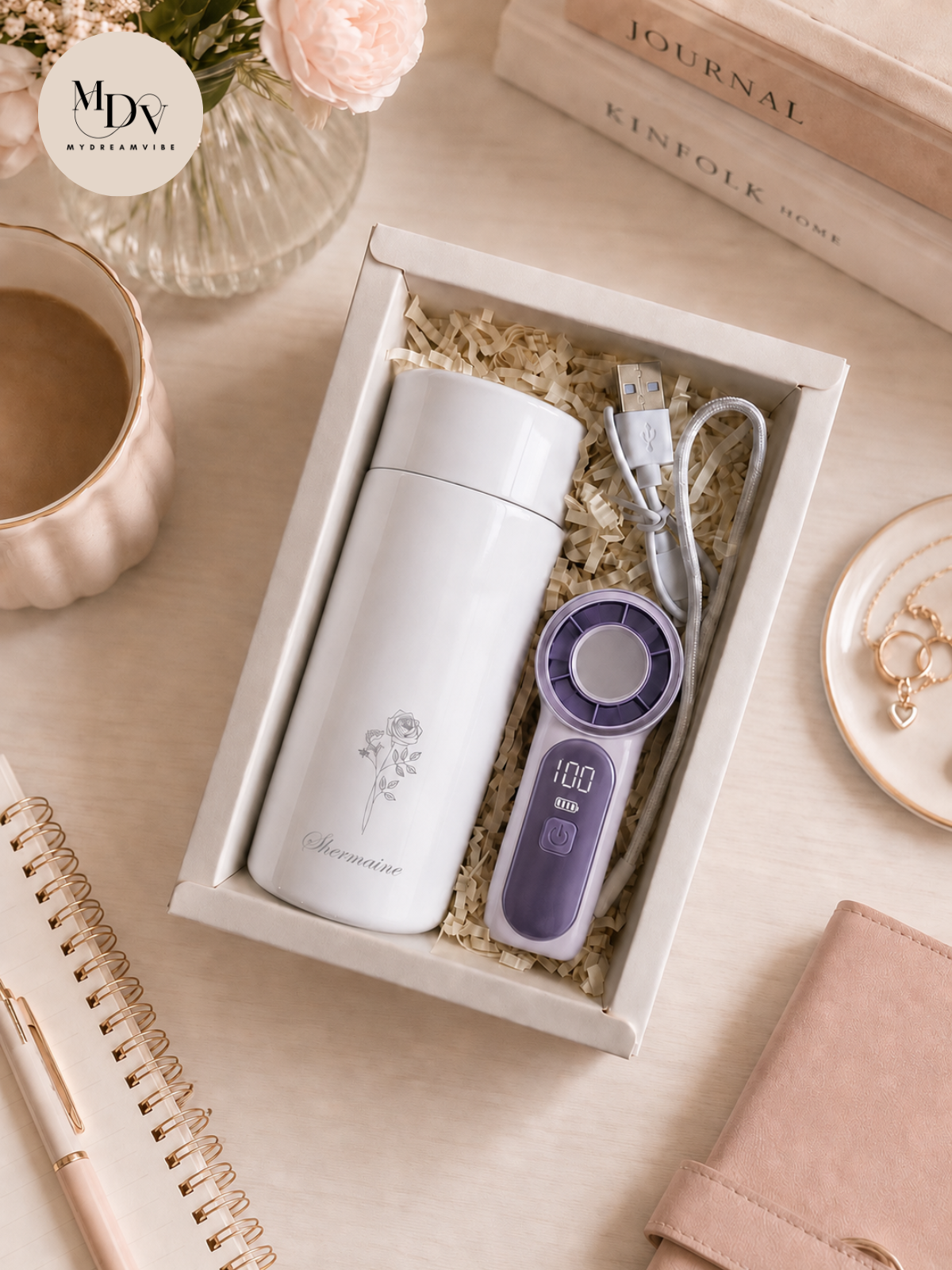 The Summer Breeze: Personalised Sparkle Flask & Mini Portable Fan Gift Set