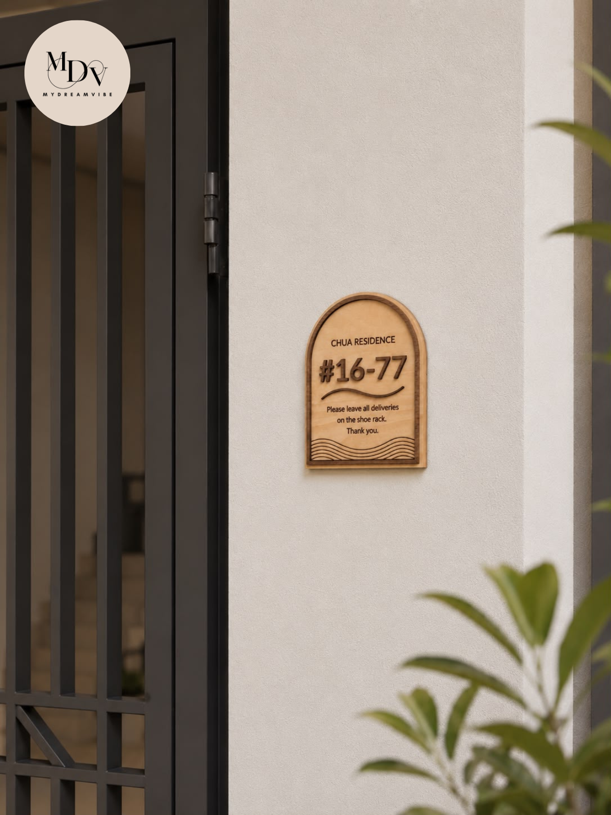 Wave Arch — Laser Engraved Wooden Unit Number Sign