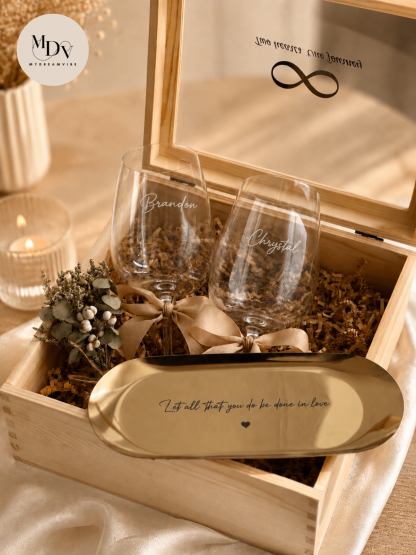 Wedding Blessing Set - Engraved Wine Glass and Tray In Wooden Box