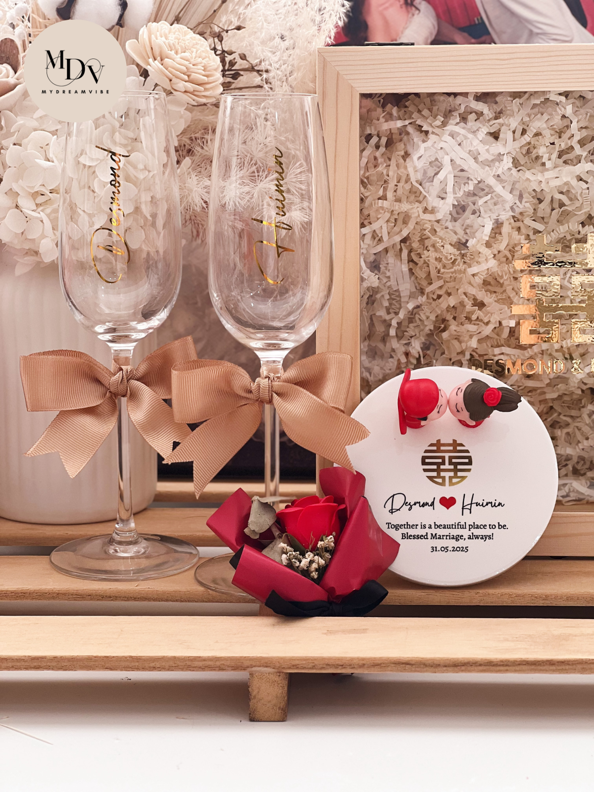 Wedding Gift - Couple Champagne Glass with Figurine Display in Wooden Box
