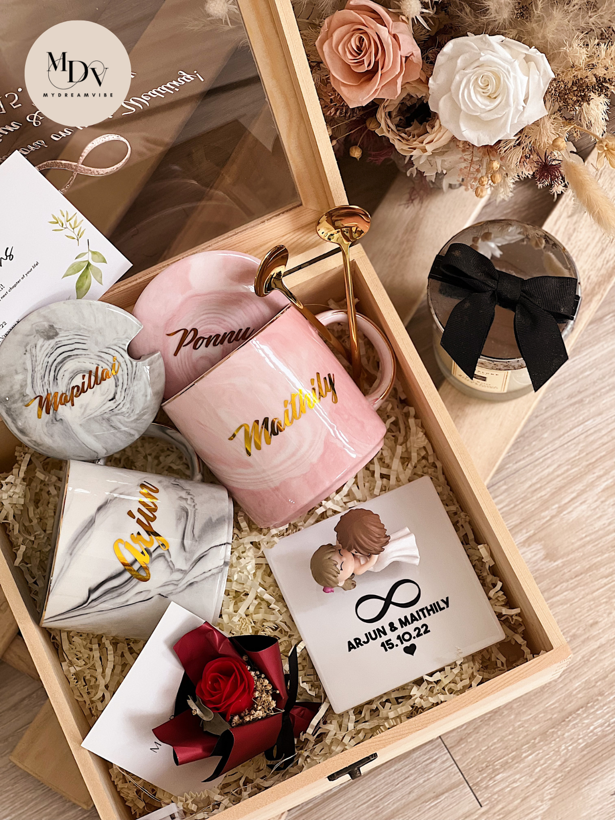 Wedding Gift - Couple Marble Short Mug with Figurine Display in Wooden Box 